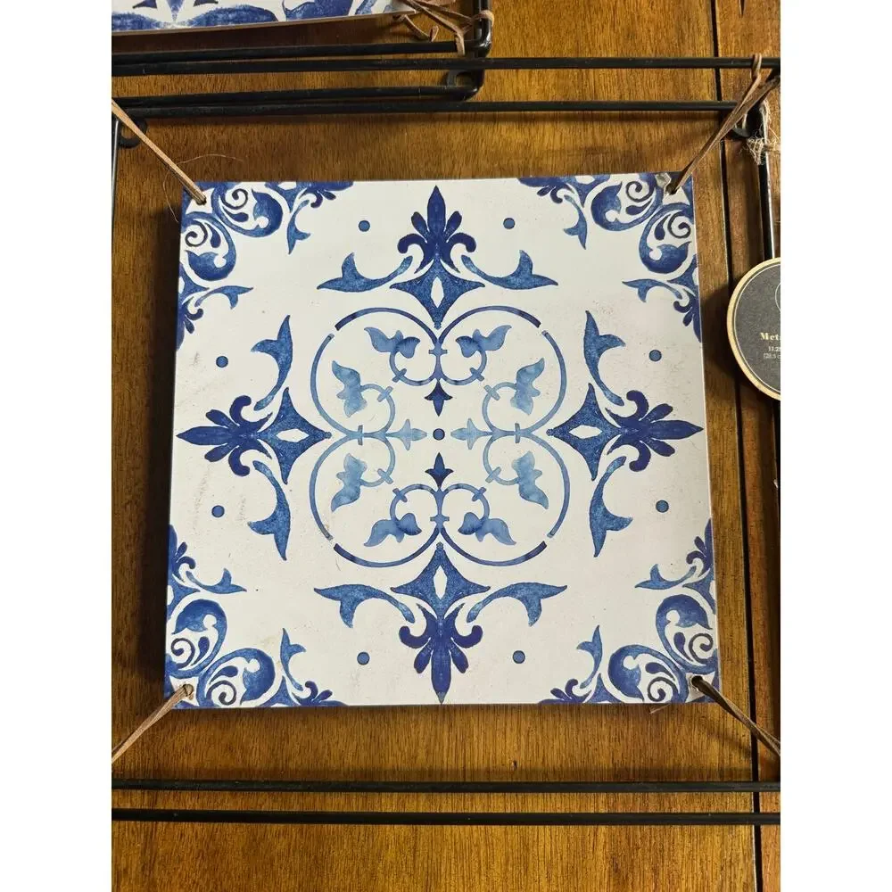 NWT Set of 3 Blue White Tile Print Metal Tabletop Trays Wall Decor 11.25”